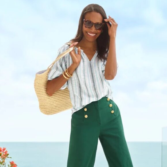 Talbots 100% Linen Popover Breezy Stripe Short Sleeve Split Neck Top Size MP - Picture 2 of 12